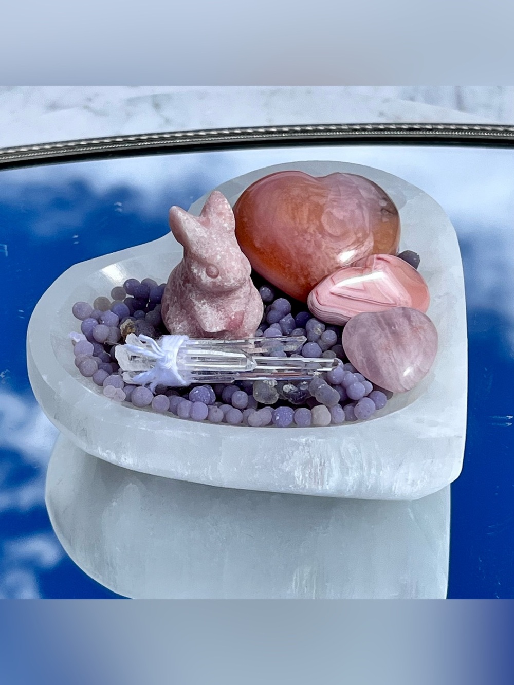 Heart Selenite Bowl, Grape Agate Crumbles, Pink Bunny, Agate Heart, Botswana